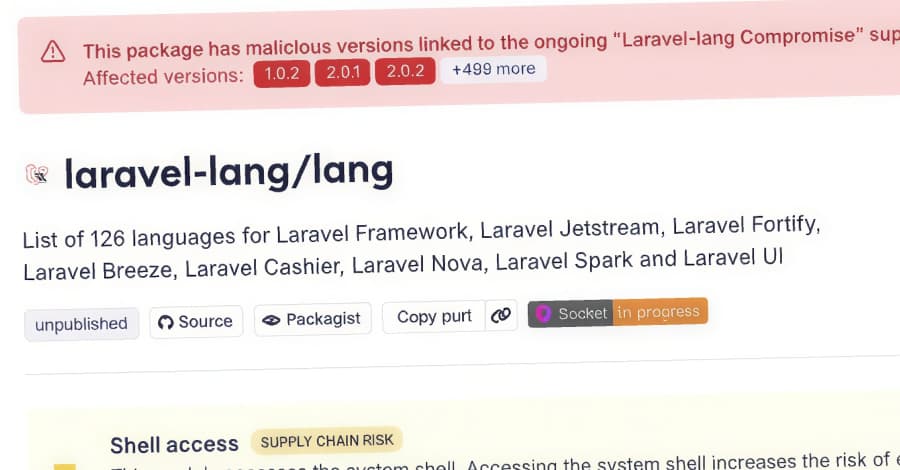 Paquetes Laravel-Lang de PHP comprometidos para distribuir un ladrón de credenciales multiplataforma.